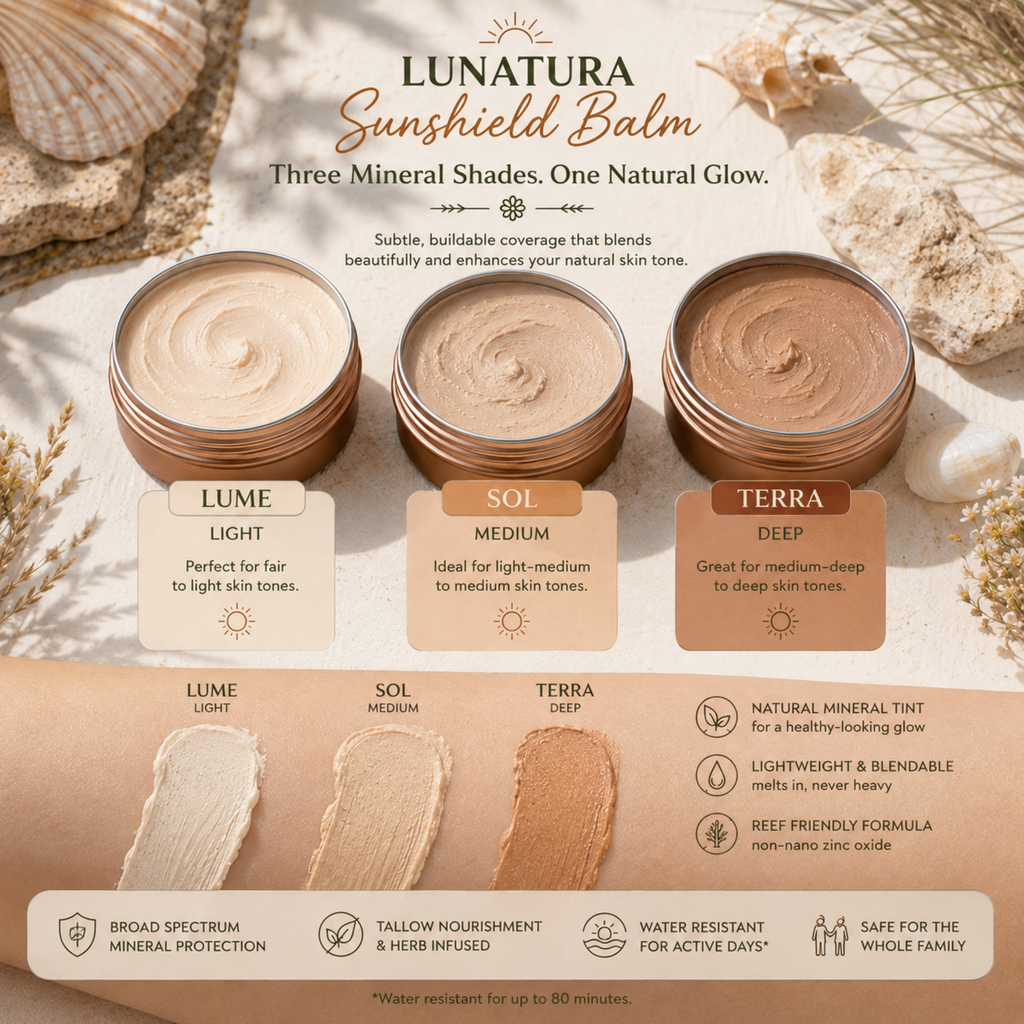 Lume, Sol and Terra Sunshield Balm shades showing light, medium and deep tints