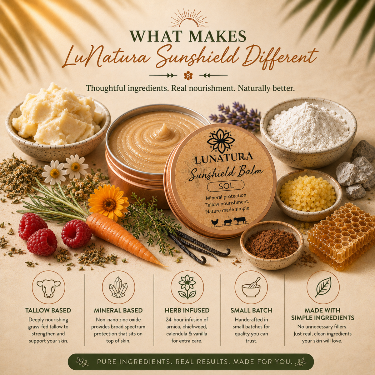 Natural ingredients featured in LuNatura Sol Sunshield Tallow Mineral Balm