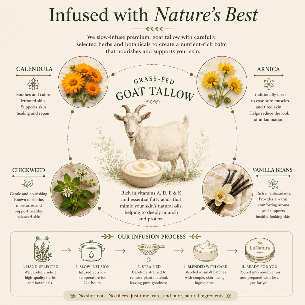 Grass-fed goat tallow infused for 24 hours with calendula, arnica, chickweed and vanilla bean