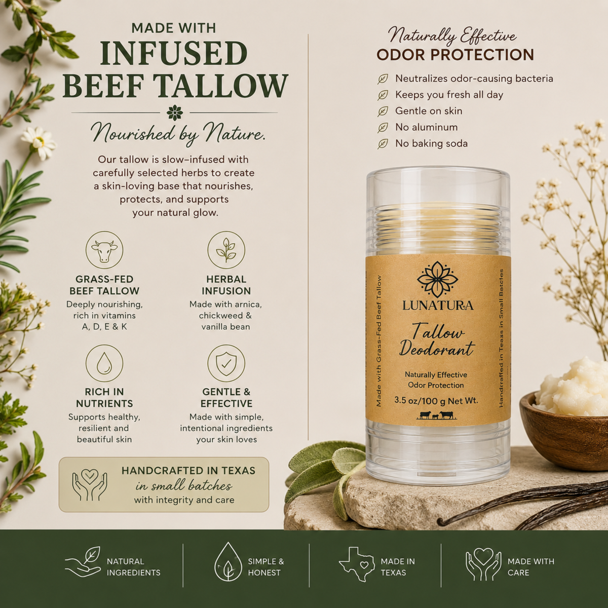 LuNatura Tallow Deodorant with grass-fed tallow and botanical ingredients