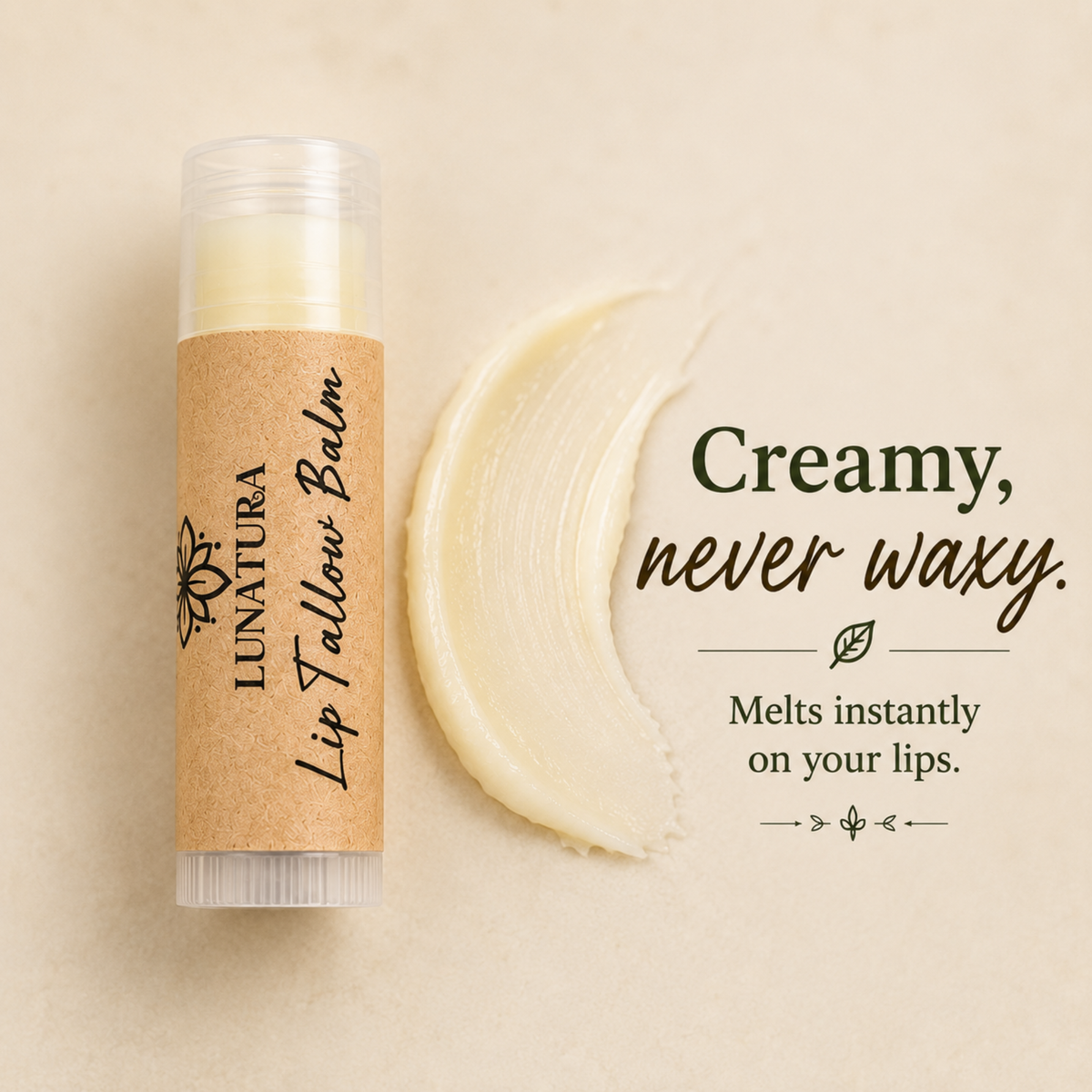 LuNatura Tallow Lip Balm with creamy smooth texture that melts easily onto lips